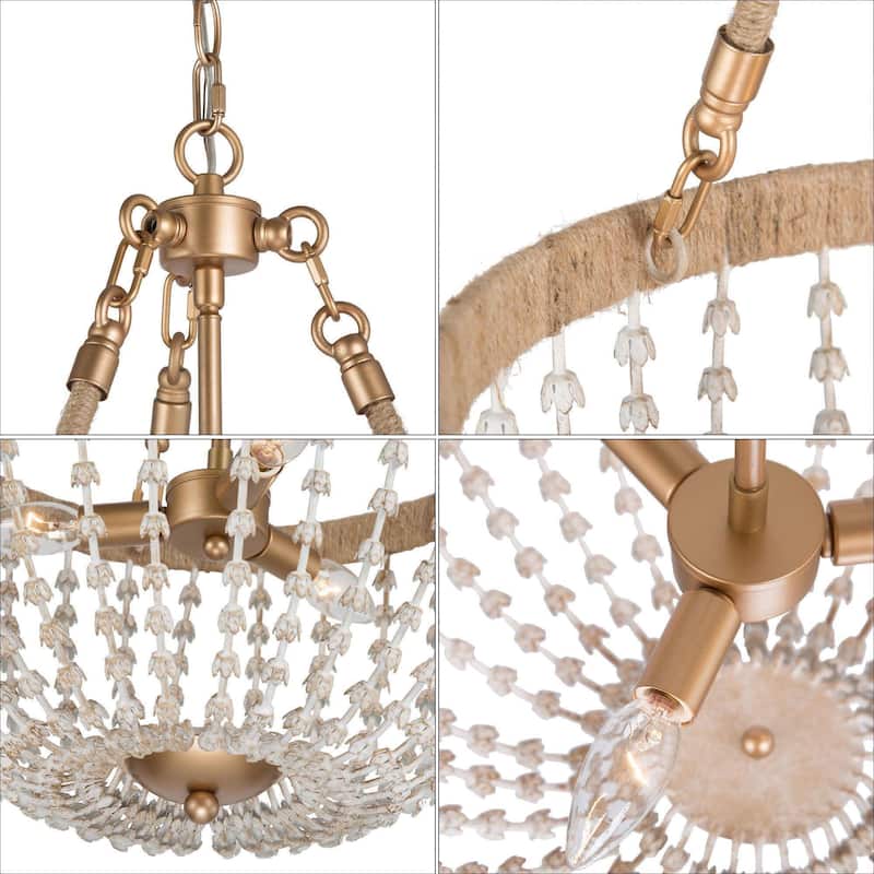 Farmhouse Metal Boho Beaded 3-Light Cage Chandelier Island Lights for Foyer Entry Dining Space - Dia. 17" x H 28.5"