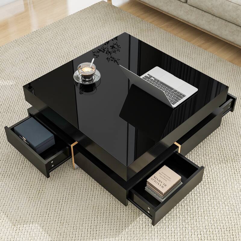 High Gloss Coffee Table with 4 Drawers, Multi-Storage Square Cocktail Tea Table with Wood Grain Legs