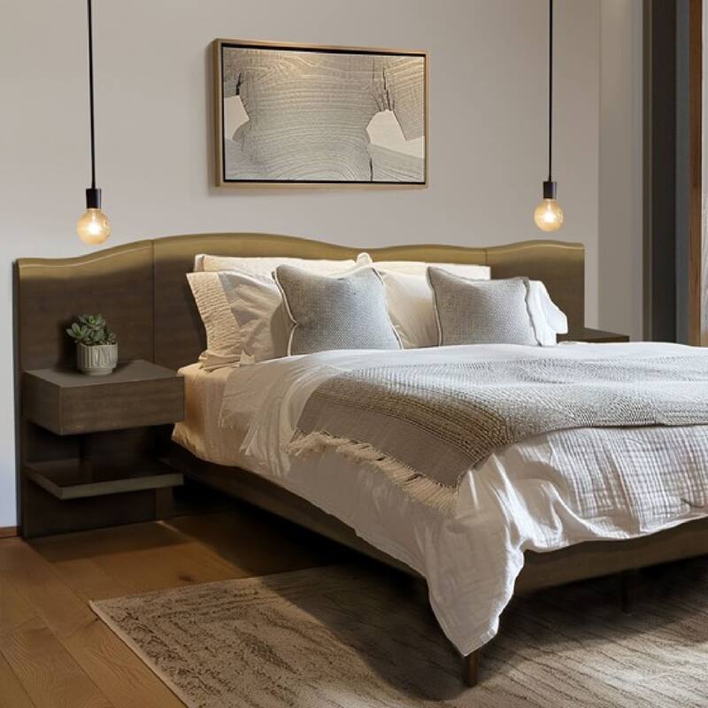 Roomfitters Live Edge Platform Bed Frame, Queen Wood Suite with Two Built-in Side Tables and Slats, Dark Brown - Dark Brown