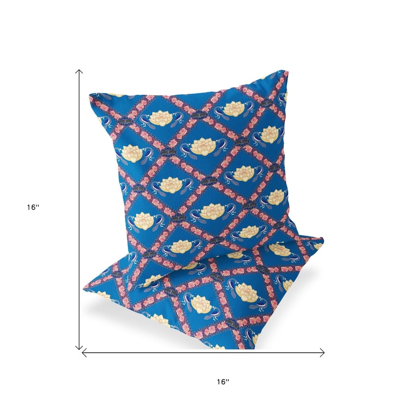 HomeRoots Set of Two 16" X 16" Blue and Pink Peacock Blown Seam Floral Indoor Outdoor Throw Pillow - 16.00' X '16.00' X '5.00
