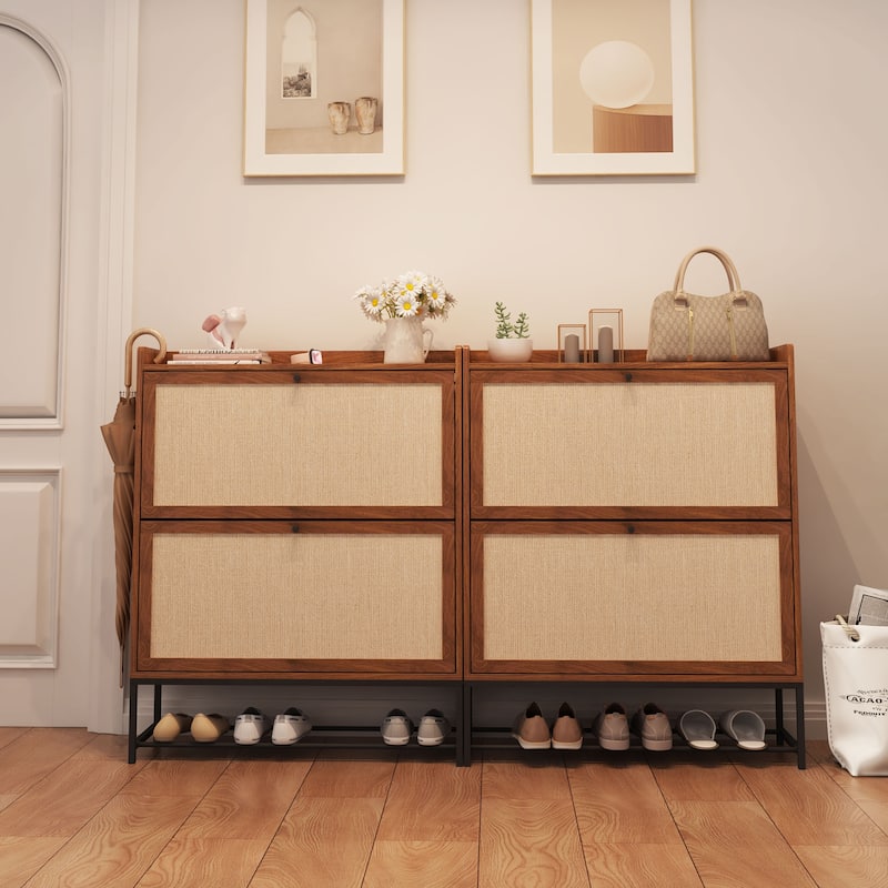 Free-standing Two-tier Flip-out Drawer Wooden Shoe Storage