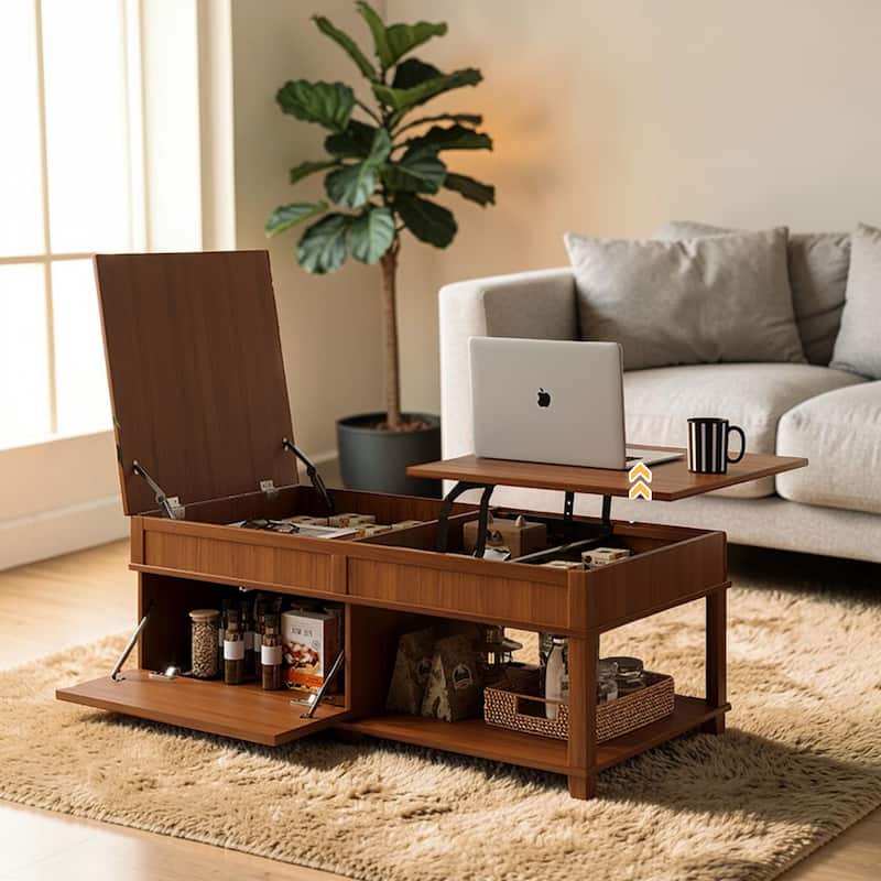 Lift Top Coffee Table with Hidden Storage Compartment and Open Shelf, Adjustable Wood Center Table