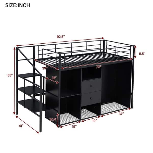 Twin Size Metal Loft Bed with Drawers, Storage Staircase & Small Wardrobe