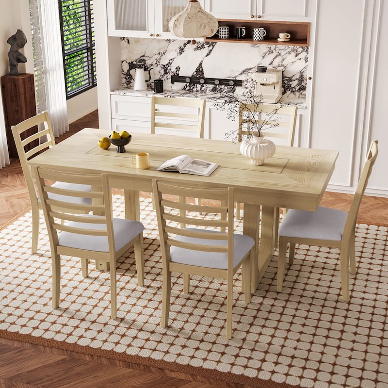 7 Piece Extendable Dining Table Set,Extendable Table with 18" Move Leaf,78" Wooden Kitchen Table and 6 piece Upholstered Chairs
