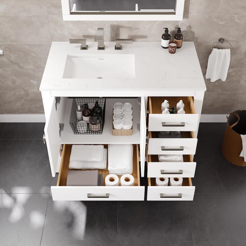 Eviva London 42"x18" White Transitional Bathroom Vanity with White Carrara Quartz Top