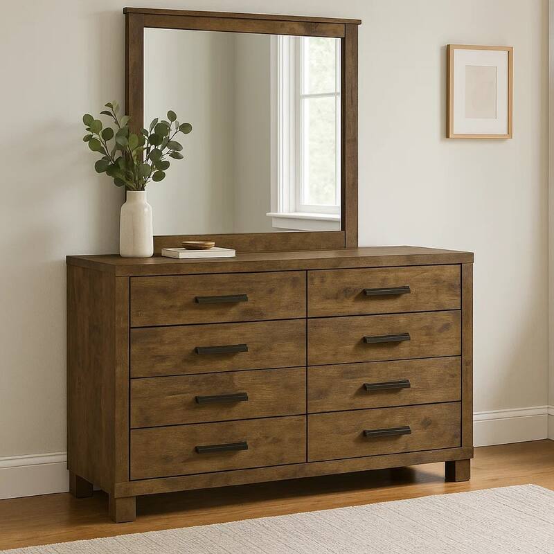 Frio 2pc Wide Dresser and Mirror Set, 8 Drawers, Golden Brown Wood