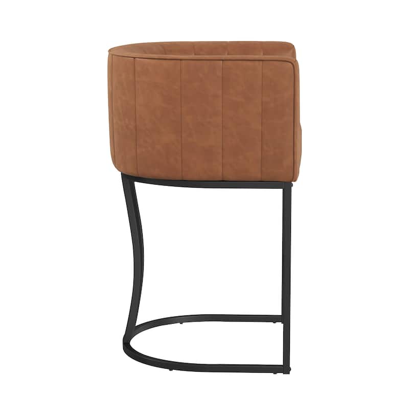 LUE BONA Modern 26.in Barstool Upholstered/PU Leather Counter Height Stool Low Back Barrel Bar Stool with Metal Frame