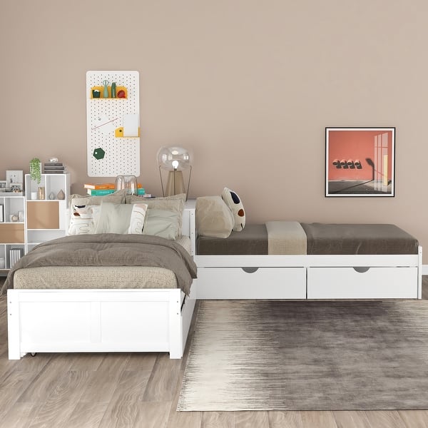 slide 2 of 9, L-shaped Daybed Sets Twin Size Platform Bed w/Trundle, Drawers & Desk White - Twin