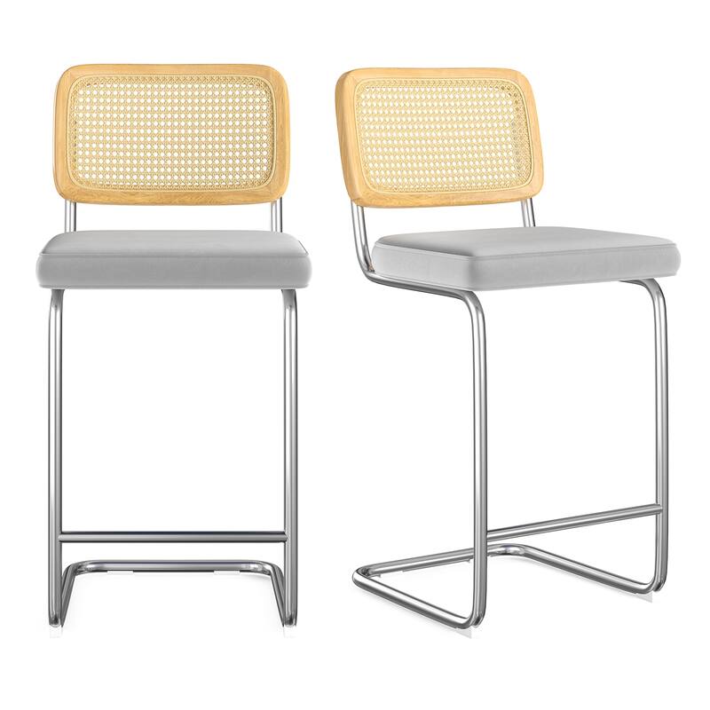Set of 2 Upholstered Velvet Barstools with Rattan Back