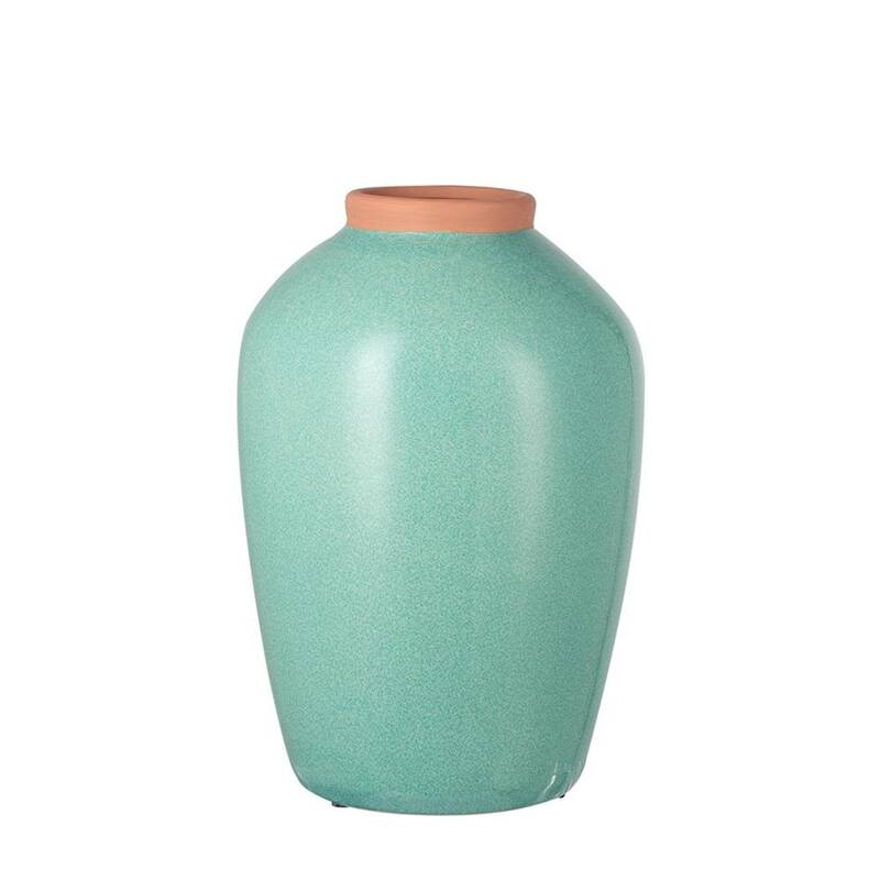 13" Aqua And Terra Cotta Ceramic Round Table Vase - 8.70