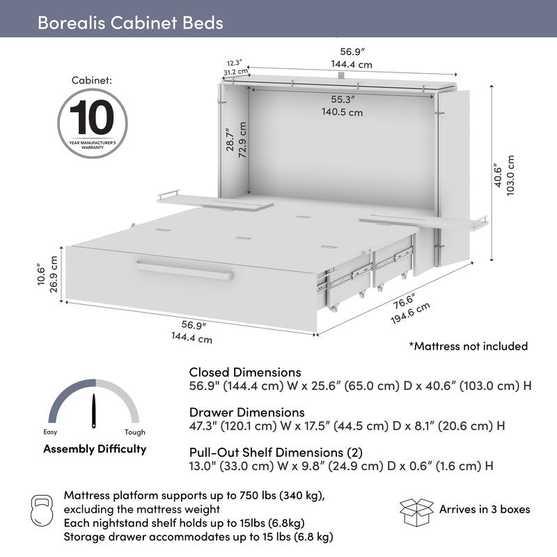 Bestar Borealis 57W Full Murphy Cabinet Bed with Pullout Drawer