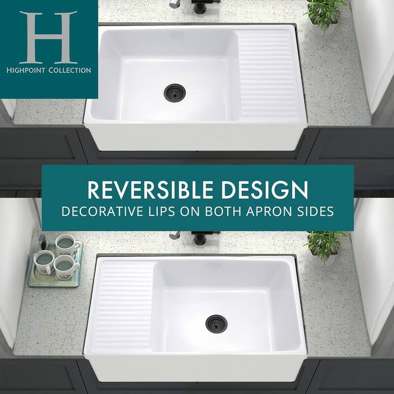 Highpoint Collection Fireclay Farmsink with Built In Drainboard - 36" x 20" x 10"