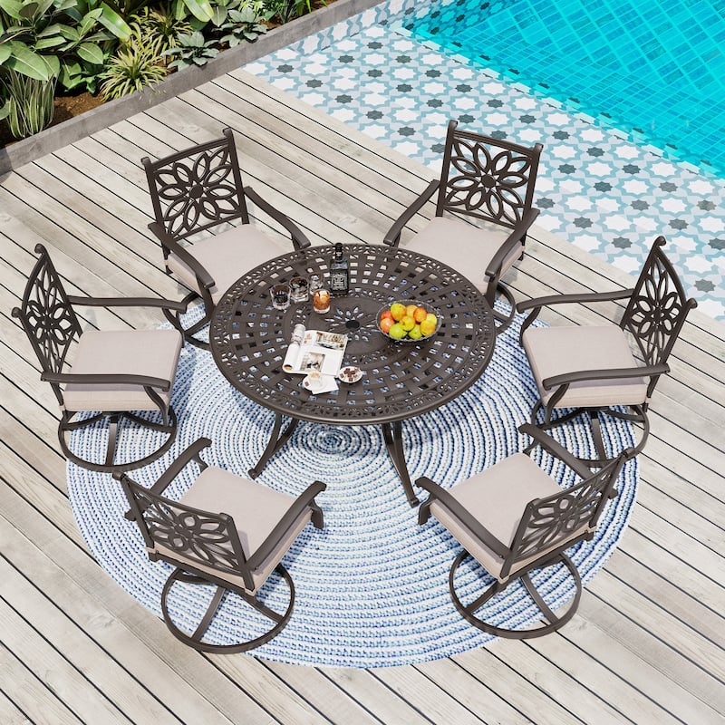 MAISON ARTS 7-Piece Cast Aluminum Patio Dining Set with Round Dining Table & 6 Dining Chairs