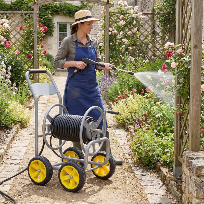 Gymax Garden Hose Reel Cart 4 Wheels 330 ft 5/8'' Large Capacity for