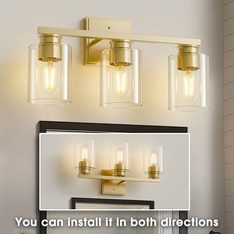 YANSUN Modern Gold Vanity Light 3-Light Bathroom Wall Sconce with Clear Cylindrical Glass