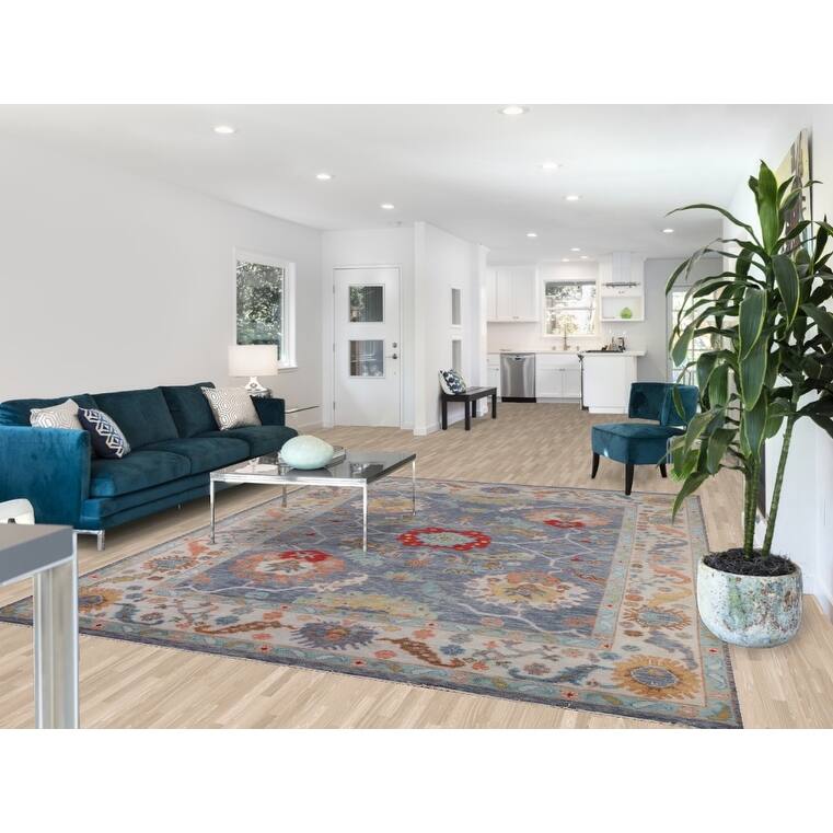 All-Over Blue Floral Oushak Indian Area Rug Hand-Knotted Wool Carpet - 7'11" X 9'9"