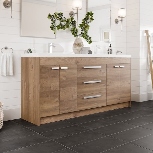 Eviva Lugano 72 in. W x 20 in. D Natural Oak Double Sink Bathroom Vanity with White Acrylic Integrated Top Sink