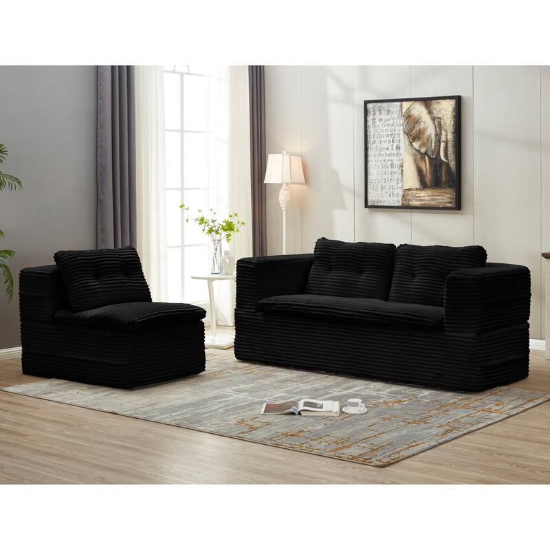 Convertible Floor Sofa Bed with Chaise Lounge, Corduroy 3-in-1 Sofa, Sofa to Bed with Dual-Purpose Blanket, No Assembly Required