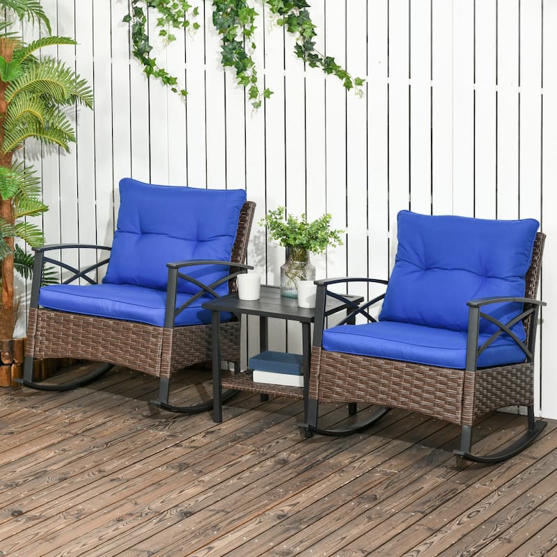 Outsunny 3 Piece Rocking Wicker Bistro Set, Outdoor Patio Furniture Set with two Porch Rocker Chairs - N/A - Blue