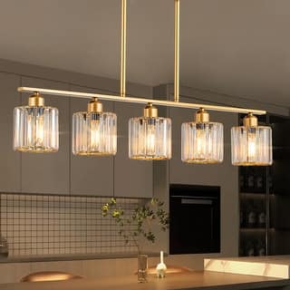 Starsky 5-Light Modern Glass Crystal Chandelier Cluster Linear Kitchen Island Light with Cylindrical Shade
