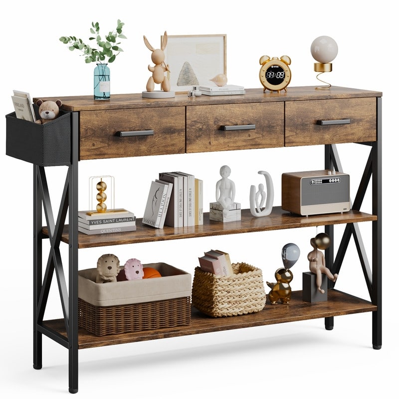 47" Console Table with 3 Tier Storage Shelves, Industrial Entryway Table with 3 Drawers