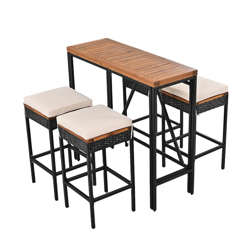 10-Piece/5-Pieces Outdoor Acacia Wood Bar Height Dining Foldable Table & Stools with Cushions