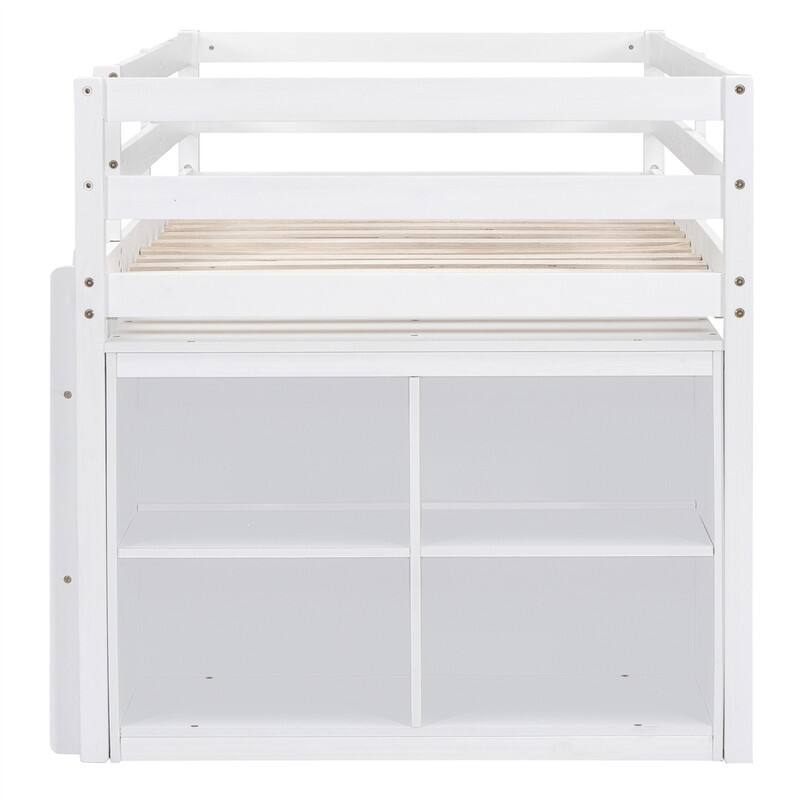 Twin/Full Size Low Loft Bed with Retractable Writing Desk and 4 Drawers, Wooden Loft Bedframe w/ Lateral Portable Desk & Shelves