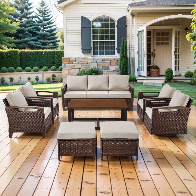 Pocassy Outdoor Patio Sofa Chair Ottoman Table Furniture Set - Beige Cushion - Sofa with Chair Table Ottoman Set