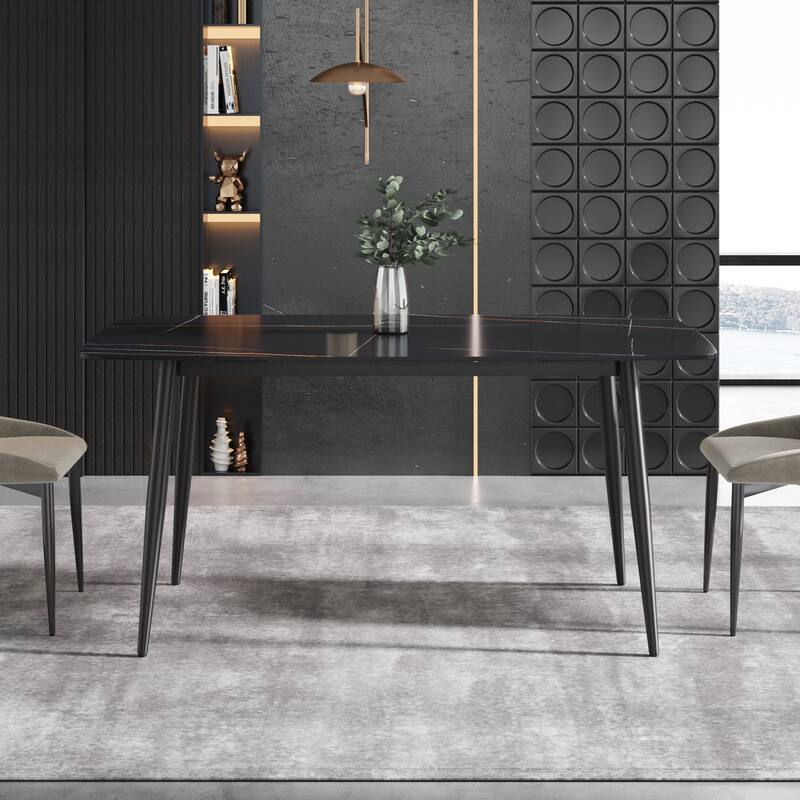 63'' Modern Dining Table，Sintered Stone Tabletop with Black Base
