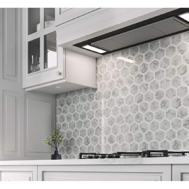 Apollo tile 10 x 12 Athens Polished White Gray Bianco Carrara, Thassos Marble Tile (4.34 sq ft/case) - 5 Pack