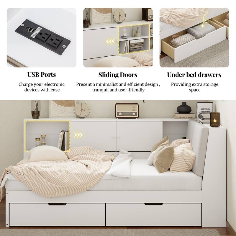 L-Shaped Daybed with Bookcase & USB Charging Port, Wood Floor Corner Bed Frame with Storage Drawers & Upholstered Headboard