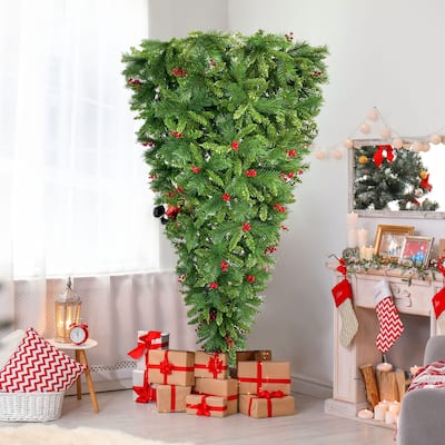 7.5 FT Upside Down Christmas Tree With Berries and Santa's Leg - 7.5 FT