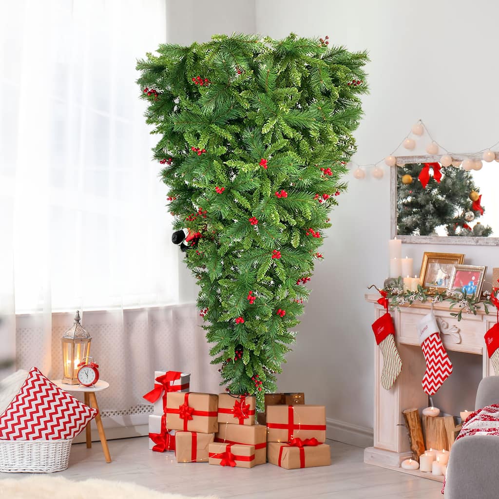 7.5 FT Upside Down Christmas Tree With Berries and Santa's Leg - 7.5 FT