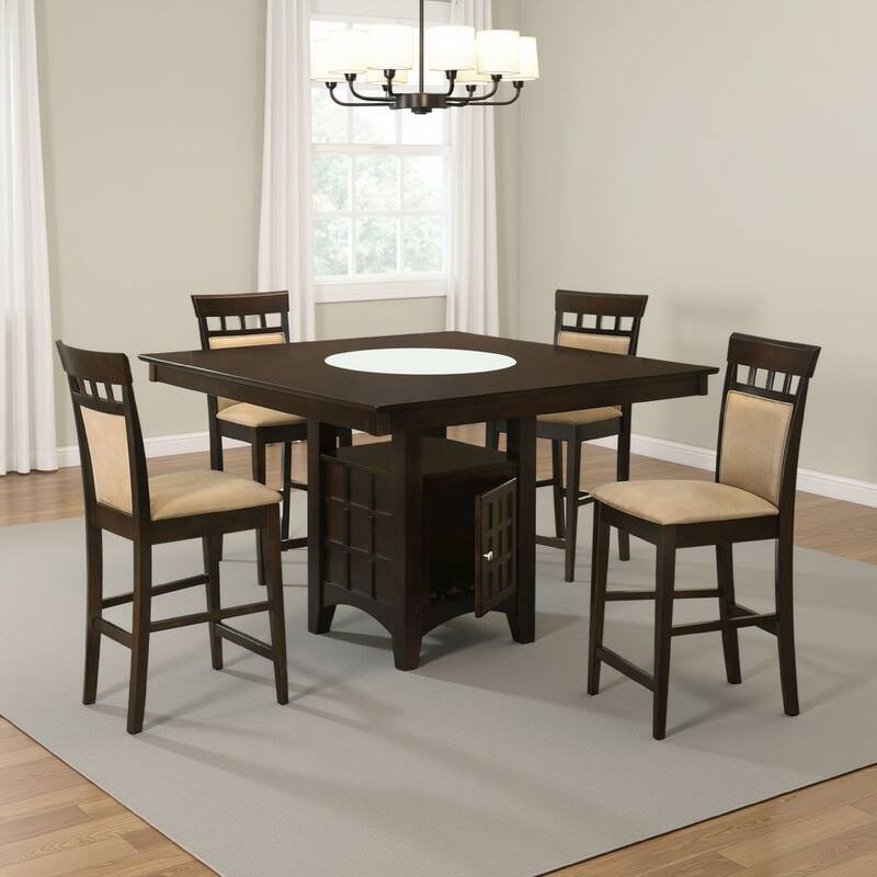 Uric Counter Height Dining Table w Wine Storage, 4 Lattice Chairs, Brown, Tan Seats