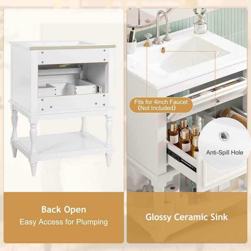 24" Bathroom Vanity with Ceramic Sink, Bathroom Storage Cabinet with Open Shelf, Retro Design Bathroom Cabinet with 2 Drawers