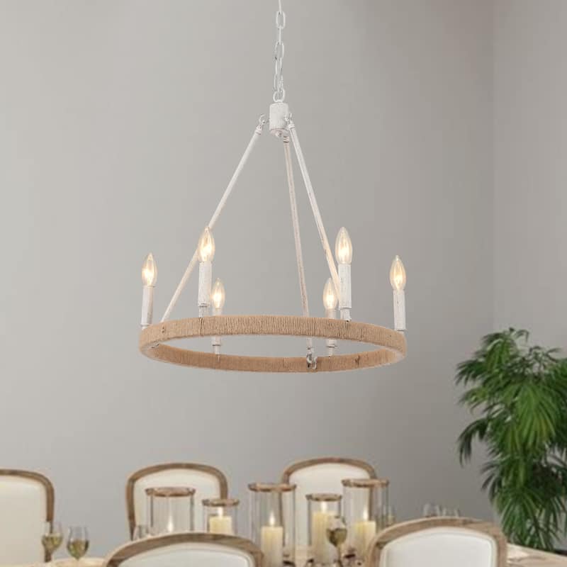 6-Light Rustic Hemp Rope Wagon Wheel Chandelier for Bedroom Foyer Entryway