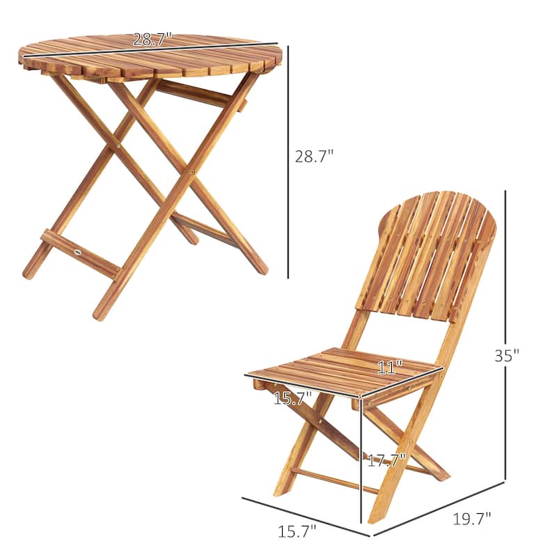 Natural Acacia Wood Folding Outdoor Dining Set Two Chairs and Coffee Table - 28.7" W x 28.7" D x 28.7" H
