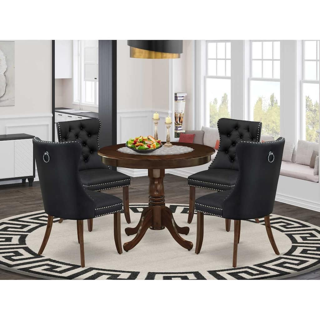 Modern 5 Piece Dining Set - Round Table with 4 Chairs - Walnut Finish Kitchen Table
