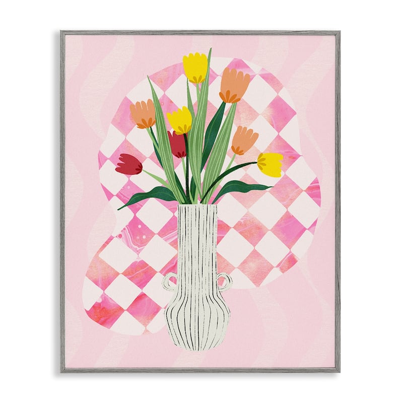 Stupell Yellow Tulip Vase on Checkered Framed Giclee Art Design By Ziwei Li - 24 x 30 - Grey