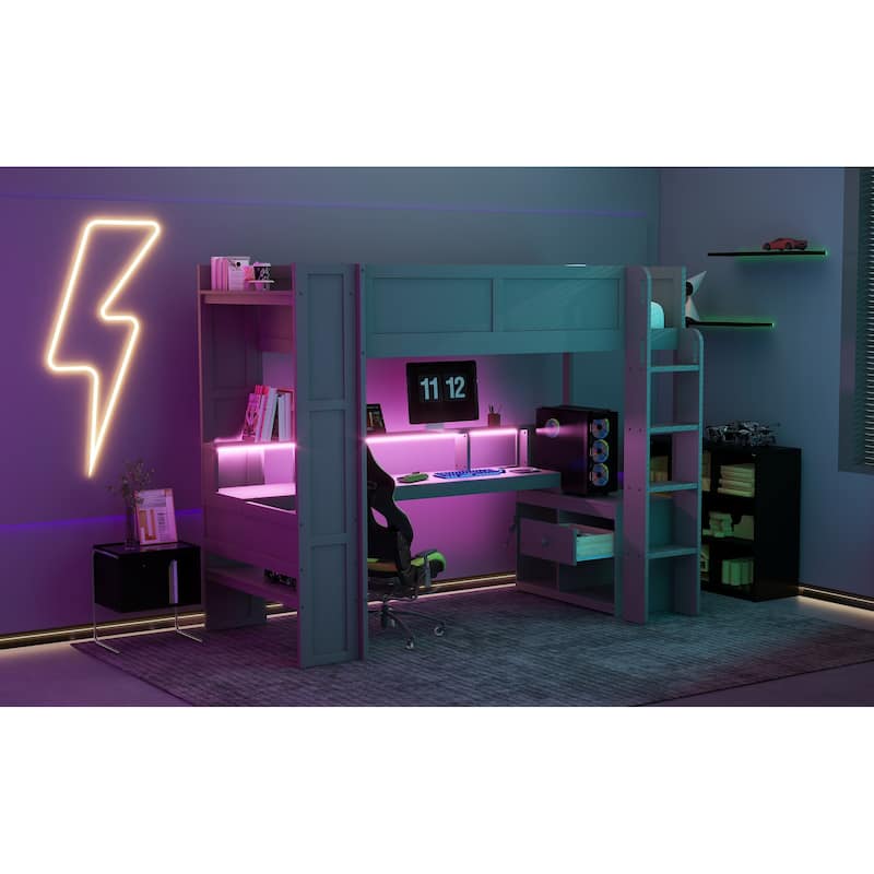 Wood Gaming Loft Bed with Desk, Multi-storage Shelves, LED and Charging Station