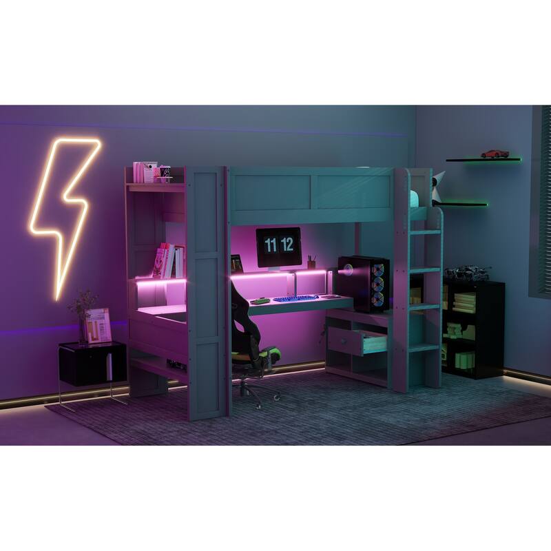 Wood Twin Size Gaming Loft Bed with Desk, Multi-storage Shelves, LED and Charging Station