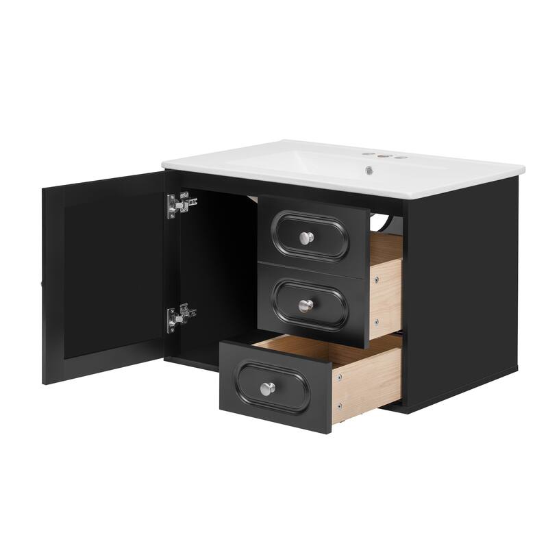Roomfitters 30 Inch Bathroom Vanity with Ceramic Sink, Mid Century Storage Cabinet with 2 Drawers, Black