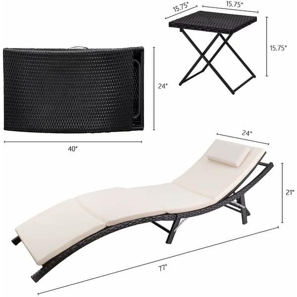 dimension image slide 1 of 3, Homall Patio Chaise Lounge Sets Outdoor Rattan Adjustable Back 3 Pieces Cushioned Patio Folding Chaise Lounge with Folding Table