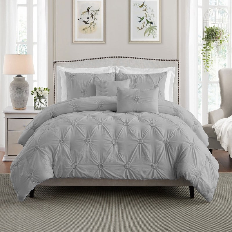 Home Essential Stylish Extra Plush Ultra Soft 3D Hand Embroidered Floral Pintuck Bedding Comforter Set - Grey - Twin