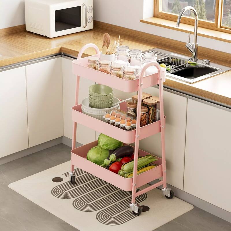 3-Tier Metal Rolling Utility Cart Multifunctional Organizer with Handle and Lockable Wheels - 17.4"D x 12.04"W x 31.02"H - Pink