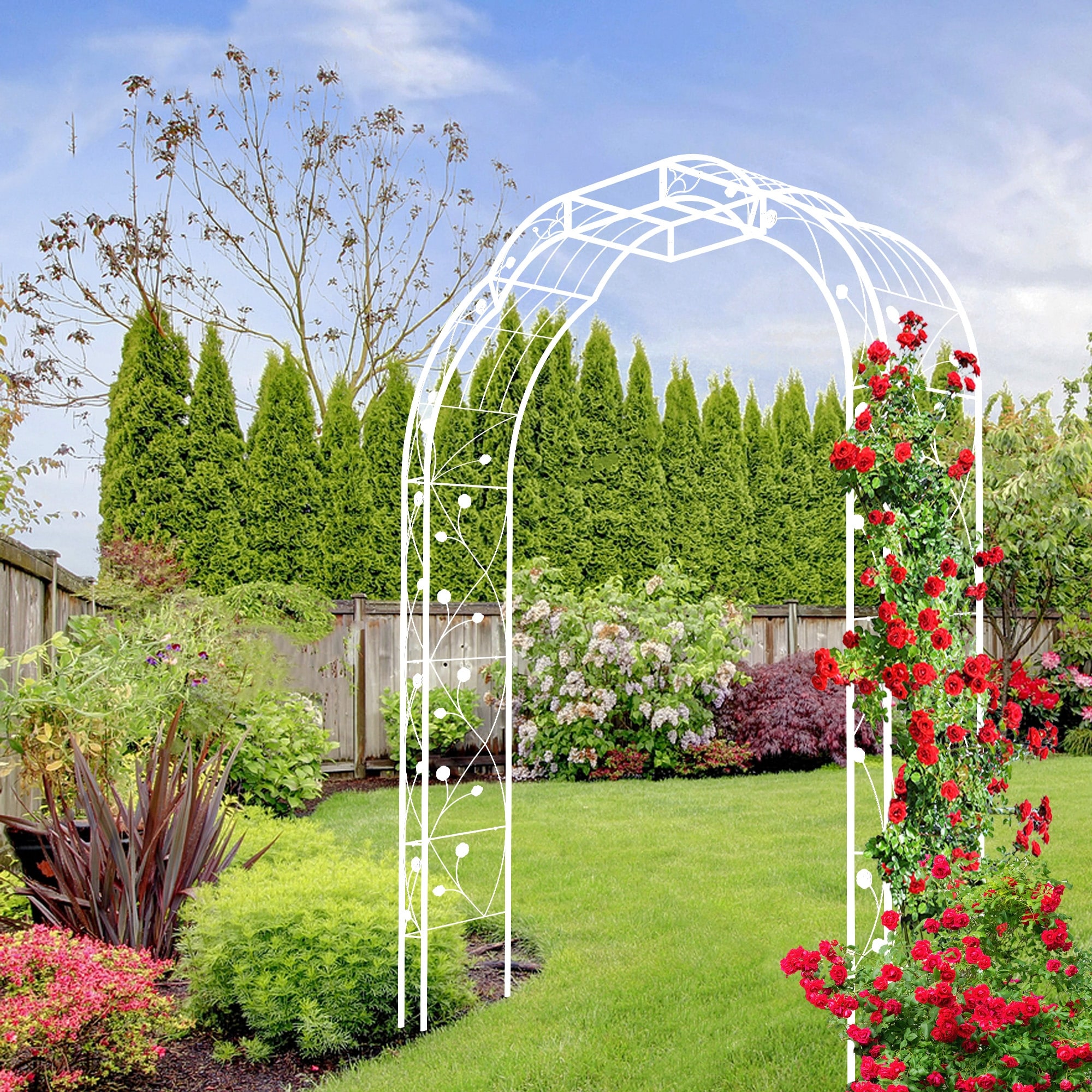 Metal Garden Arch "W74.4 x H98.4" Garden Arbor Trellis Climbing Plants Support Rose Arch Outdoor Arch Cream White