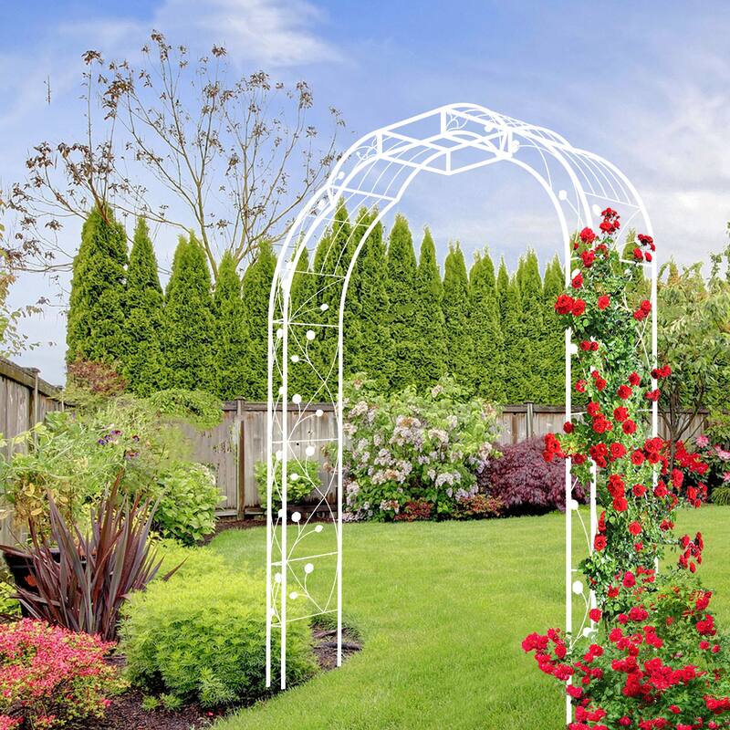 Metal Garden Arch W74.4'' x H98.4'' Garden Arbor Trellis Climbing Plants Support Rose Arch Outdoor Arch Cream