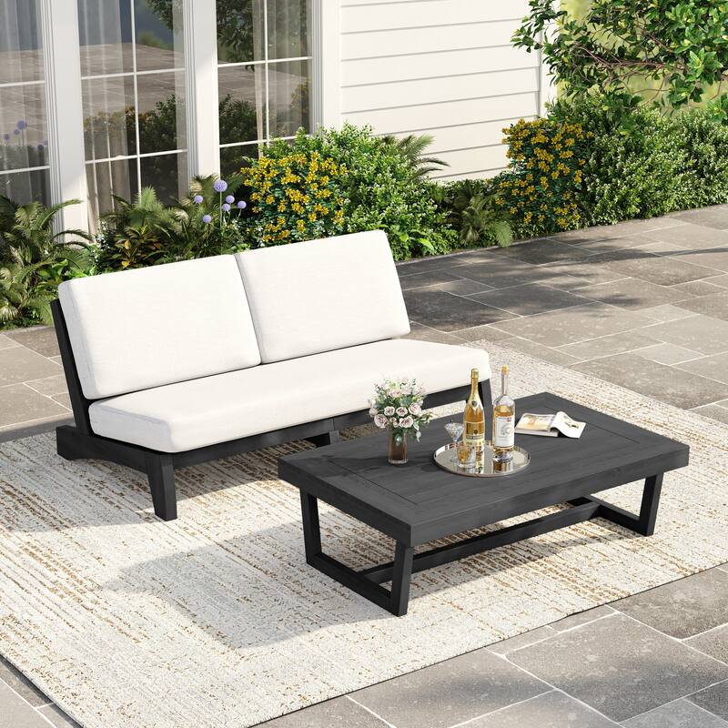 3 Seat Wood 64" W Cushioned Outdoor Patio Sofa with Coffee Table