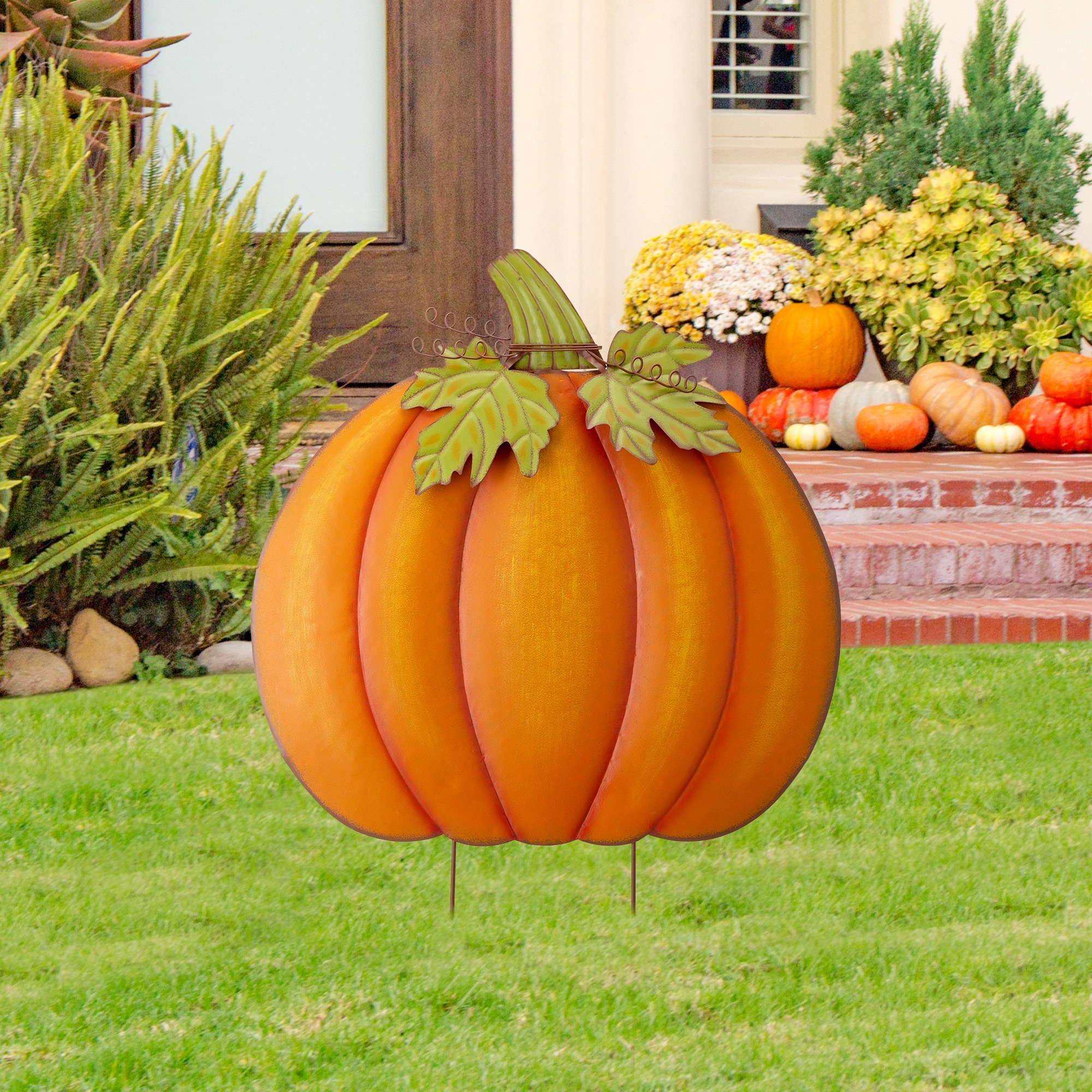 Glitzhome Fall Thanksgiving Oversized Metal Pumpkin Yard Stakes (3 Functions)