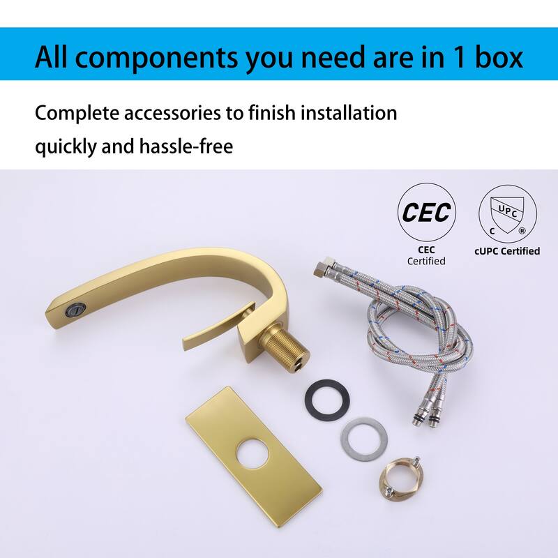 Modland C-Shaped Single Hole Bathroom Faucet, 500K Cycle CUPC Certified, 6-Inch Cover Plate, Black / Gold / Nickel / Chrome